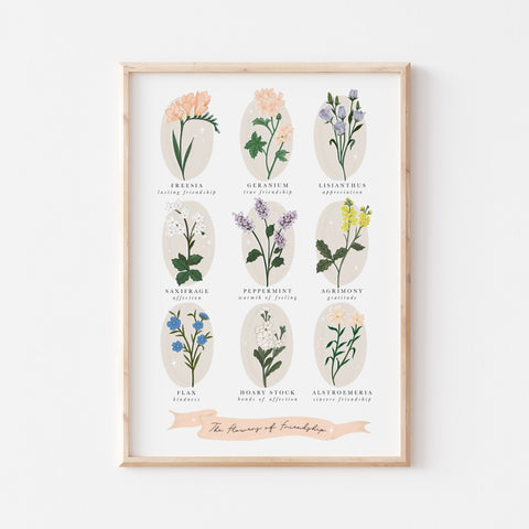 Friendship Print/Flower Print/Floriography/Flower Language/Flower Illustration/Botanical Illustration/Vintage Style Art/Gifts for Friends