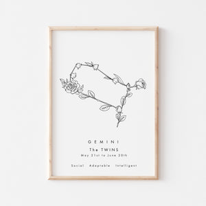 Gemini Zodiac Constellation Birth Flower Print