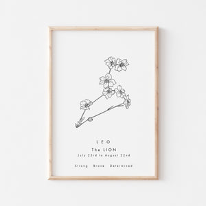 Leo Zodiac Constellation Birth Flower Print