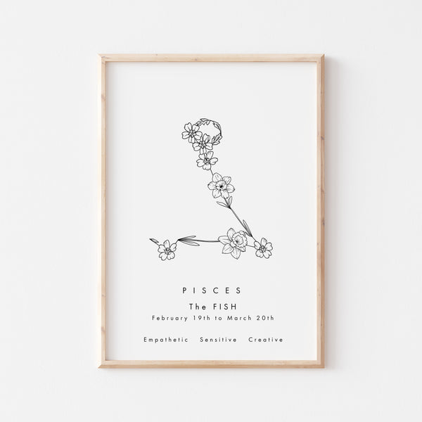 PISCES Zodiac Constellation Birth Flower Print