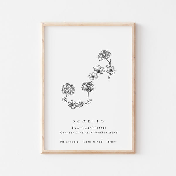 Scorpio Zodiac Constellation Birth Flower Print