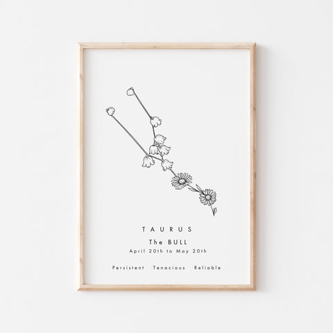 Taurus Zodiac Constellation Birth Flower Print